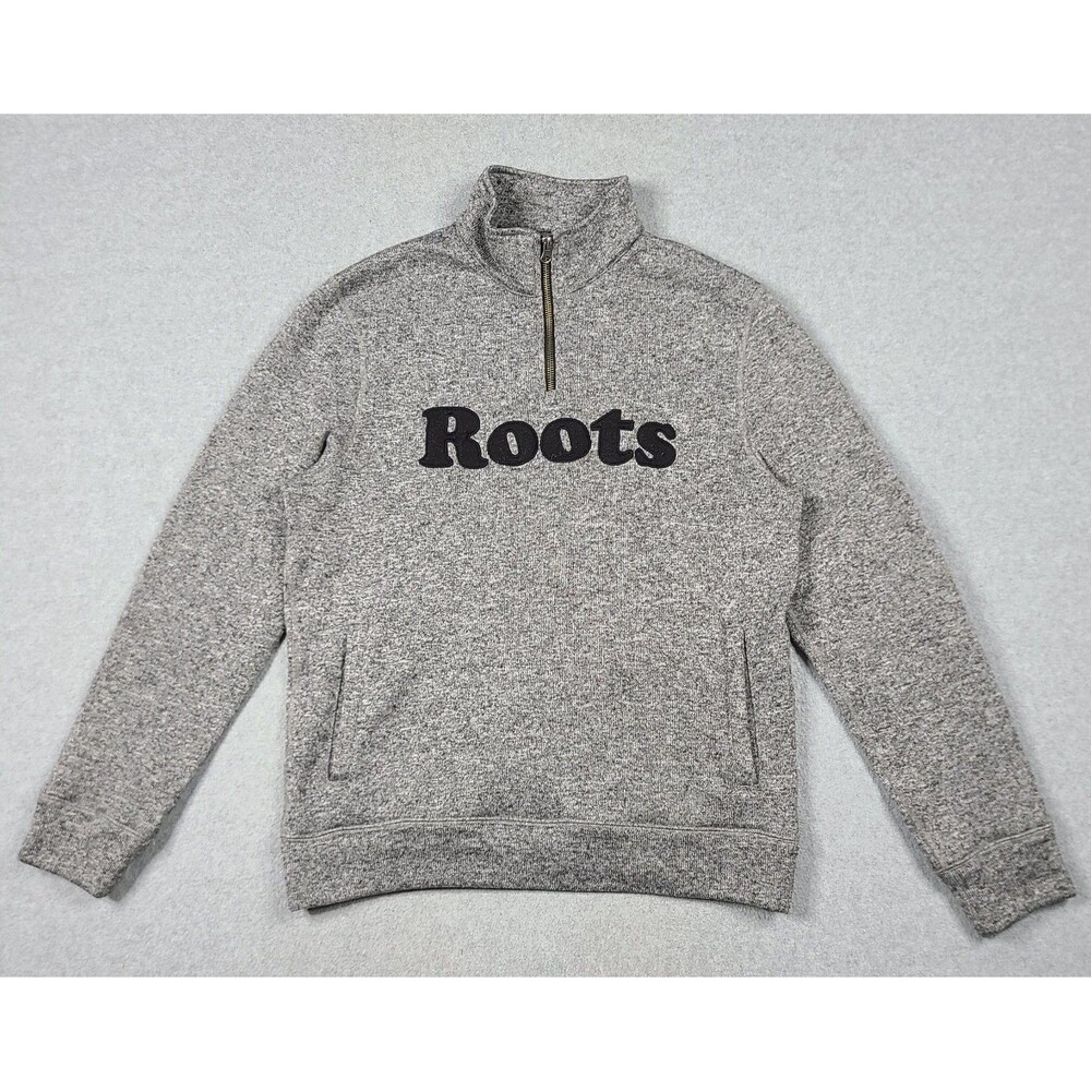 Roots Sweater Quarter Zip Pullover Womens L Canada Heather Gray Warm Spellout
